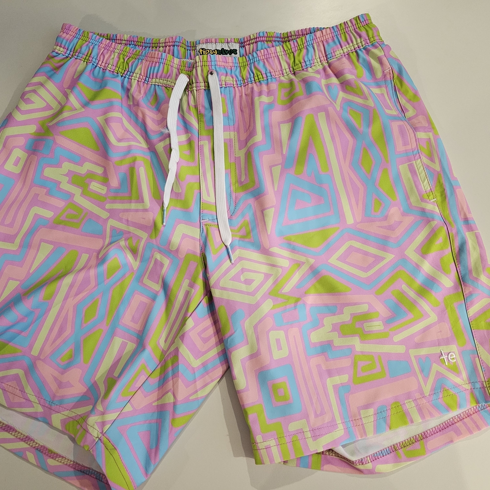 Tipsy Elves Pink and Green Swim Trunks Vibrant Geometric Design